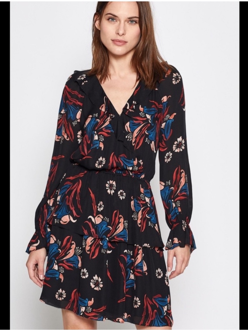 Joie Silk Floral Mini Dress M | Ruffle Neck Long Sleeve Black Print NWT